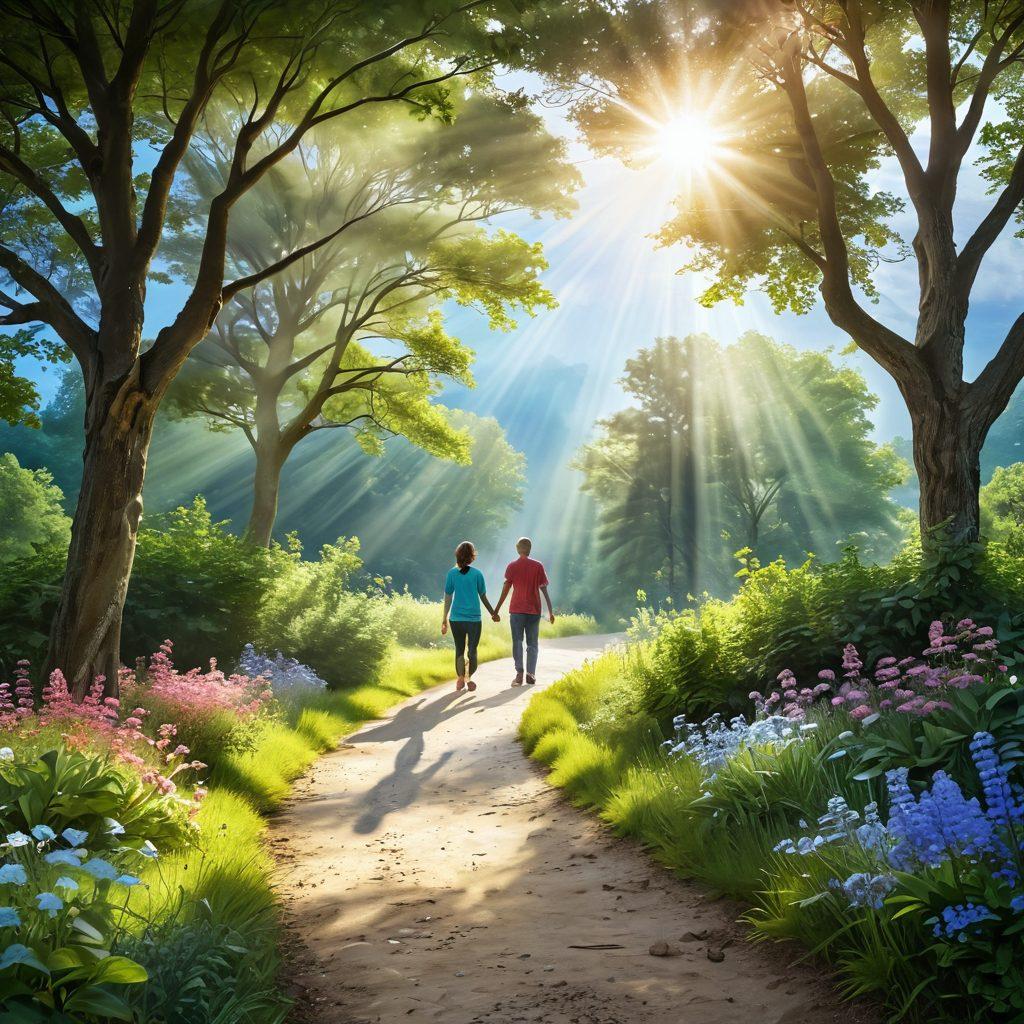 A serene path winding through a lush, green landscape symbolizing the oncology journey, flanked by supportive figures offering help, with vibrant sunbeams filtering through the trees representing wellness and hope. Include elements like gentle hands reaching out and blooming flowers symbolizing resilience. The background features a soft blue sky, creating an atmosphere of encouragement and healing. super-realistic. vibrant colors. tranquil ambiance.