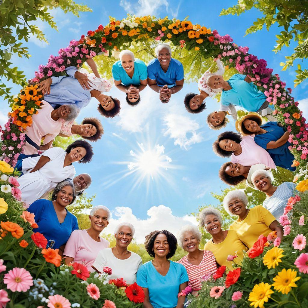A radiant circle of diverse cancer survivors sharing their stories of resilience and hope, surrounded by vibrant blooming flowers symbolizing recovery and strength. Each person reflects different stages of healing, with smiles of triumph and determination, set against a backdrop of a sunny sky. Incorporate elements of nature to signify growth and renewal. soft-focus, inspiring, warm colors, painterly style.